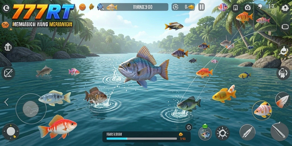 Tampilan gameplay 777RT dengan aksi memancing yang intens.