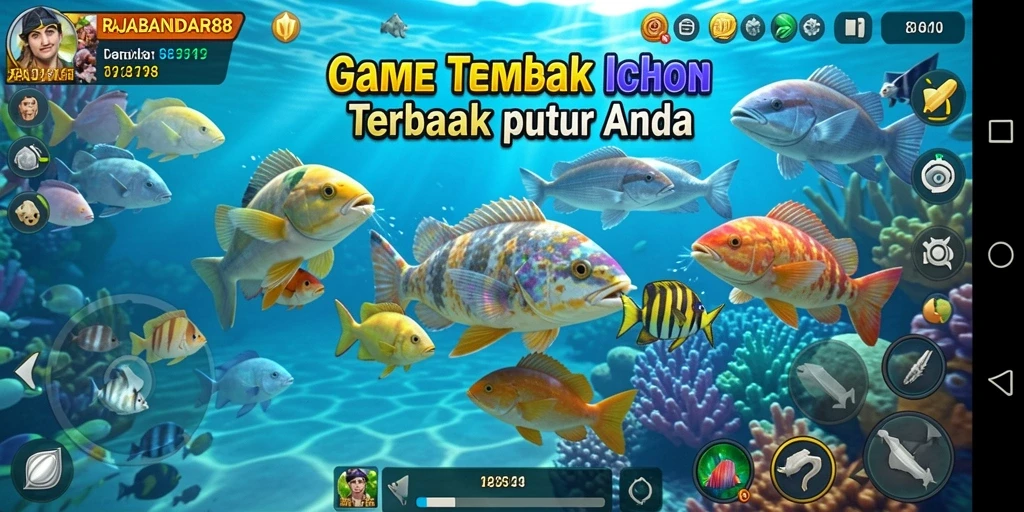 Screenshot gameplay RAJABANDAR88 menampilkan aksi menembak ikan yang seru.