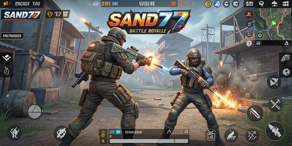 Gameplay <strong>SAND77</strong> yang seru dan mendebarkan dalam pertempuran Battle Royale.