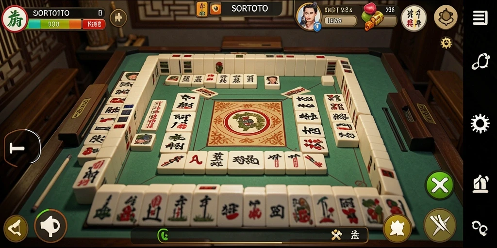 Tampilan gameplay SORTOTO menampilkan ubin Mahjong yang berwarna-warni.
