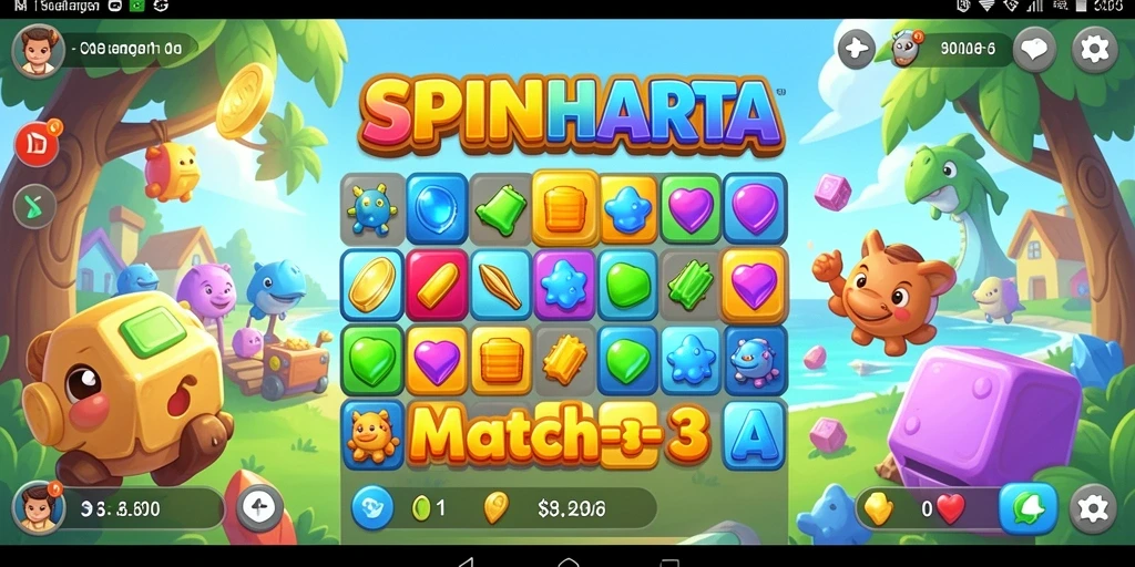 Tampilan gameplay SPINHARTA dengan kombinasi permata yang berwarna-warni.